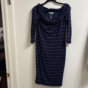 Trina Turk Navy and Gold Striped Long Sleeve Dress